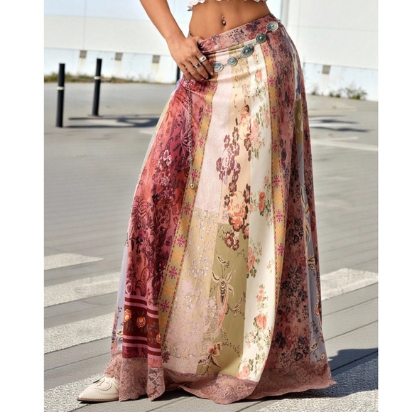 Boho Floral Print Patchwork Lace Hem High Waisted Maxi Skirt - Picture 1 of 7